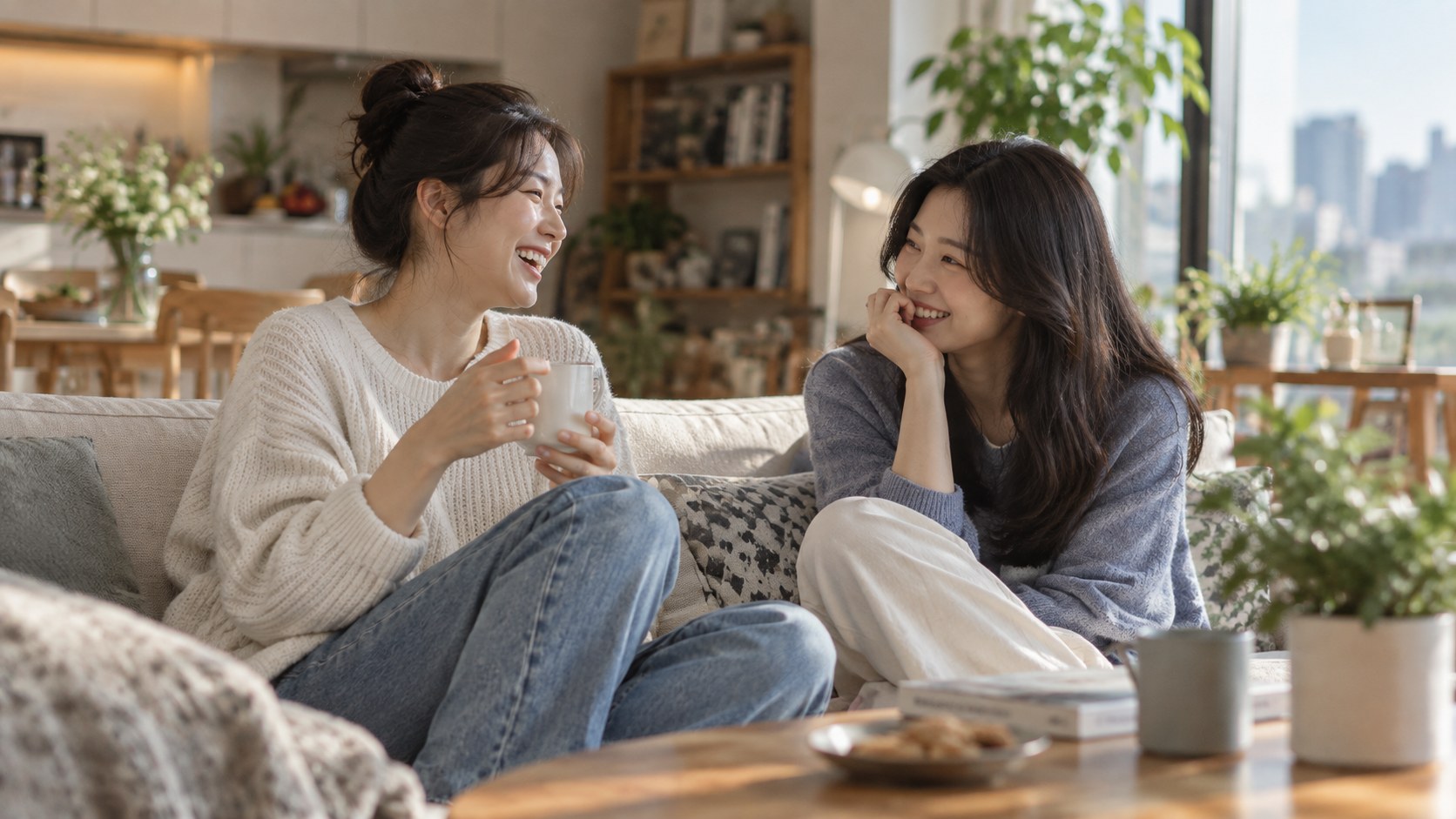 편안한 공간에서 친구와 대화하며 웃는 모습