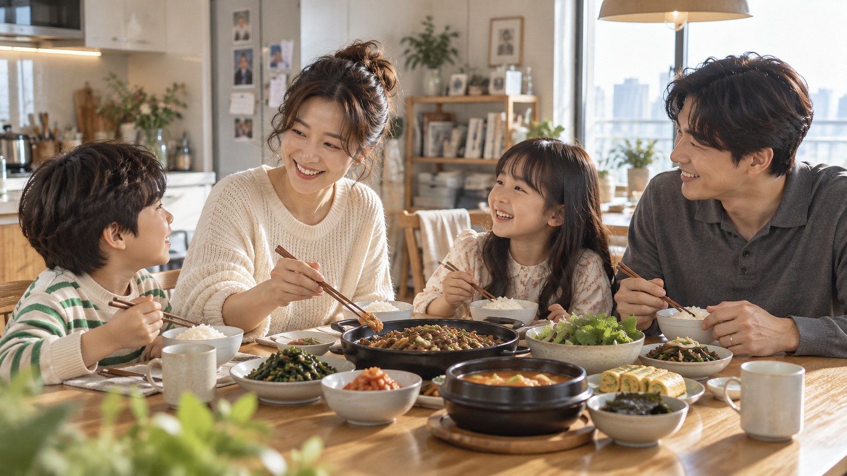 가족이 함께 식사하며 따뜻하게 웃는 모습